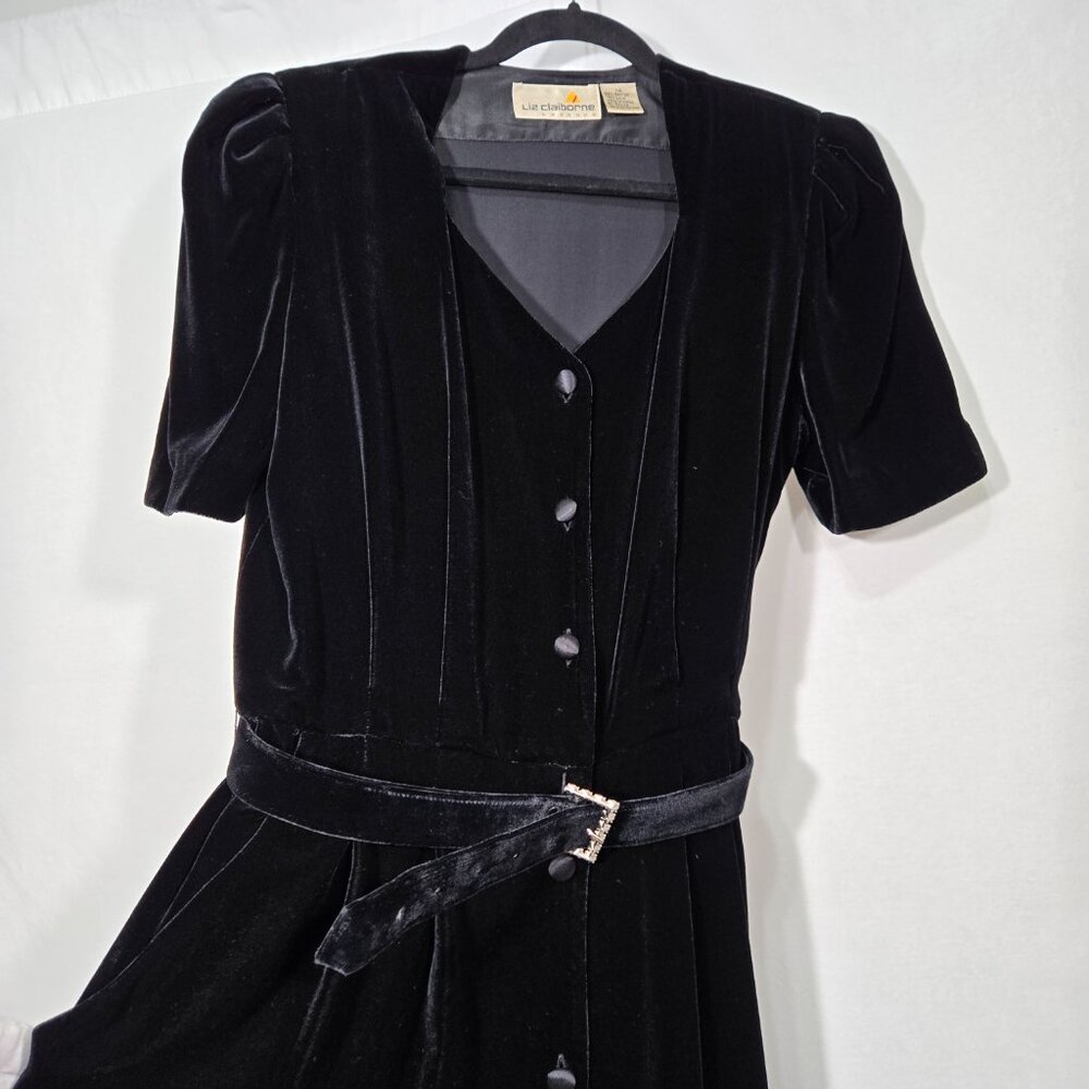 VINTAGE Academia Y2K Sirencore BLACK VELVET Pocket Belt Midi Dress Women Size 10 - Picture 4 of 16